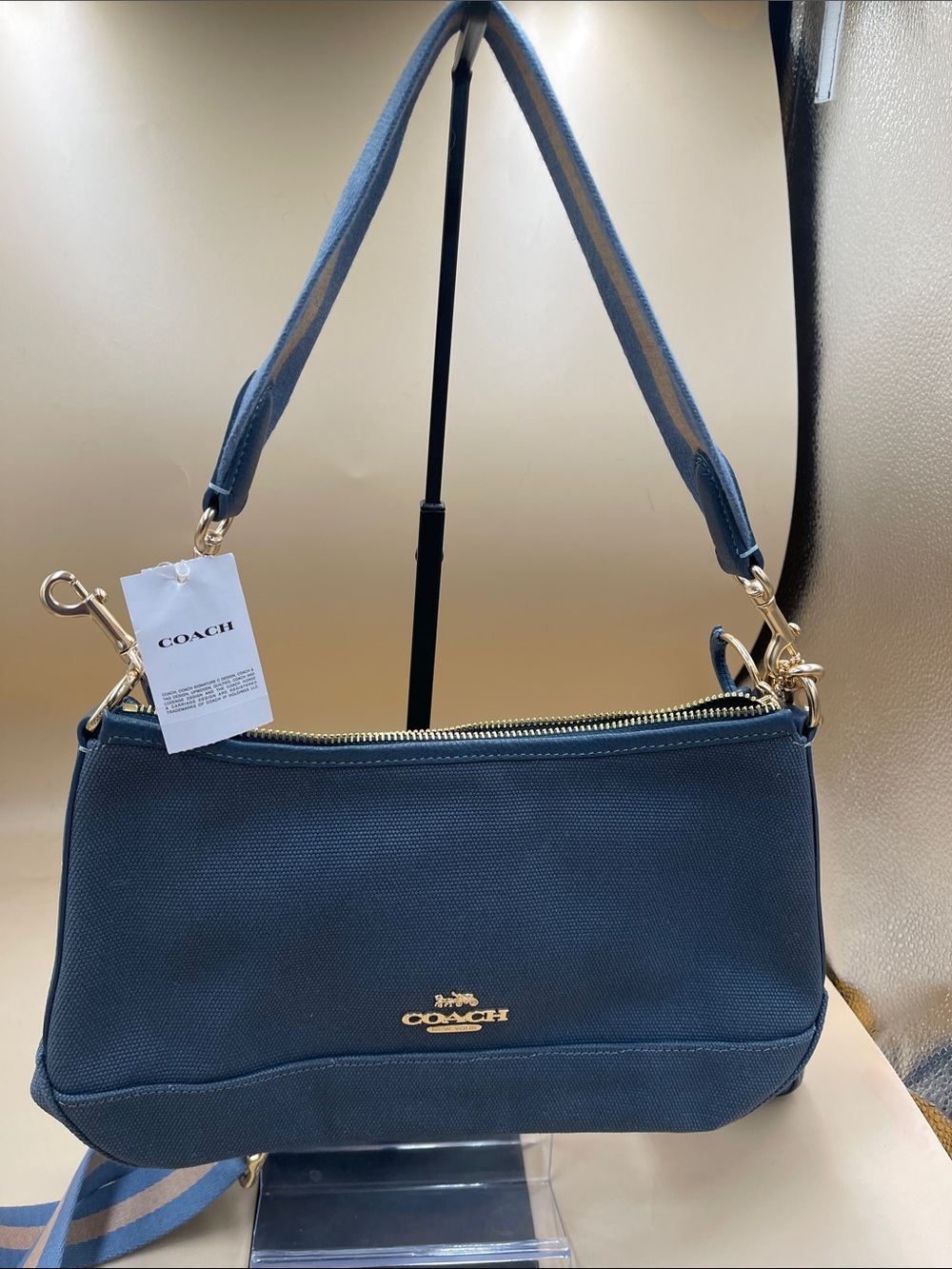 NWT COACH Navy Canvas Shoulder Bag with Gold Hardware $378 Retail